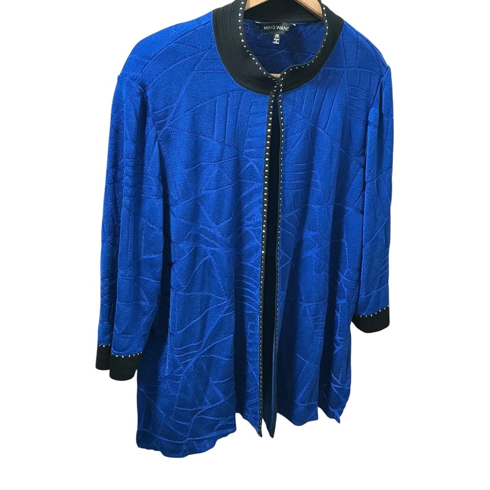 Ming Wang 2X Royal Blue Geometric Textured Studded Open Front Knit Cardigan - Picture 7 of 12